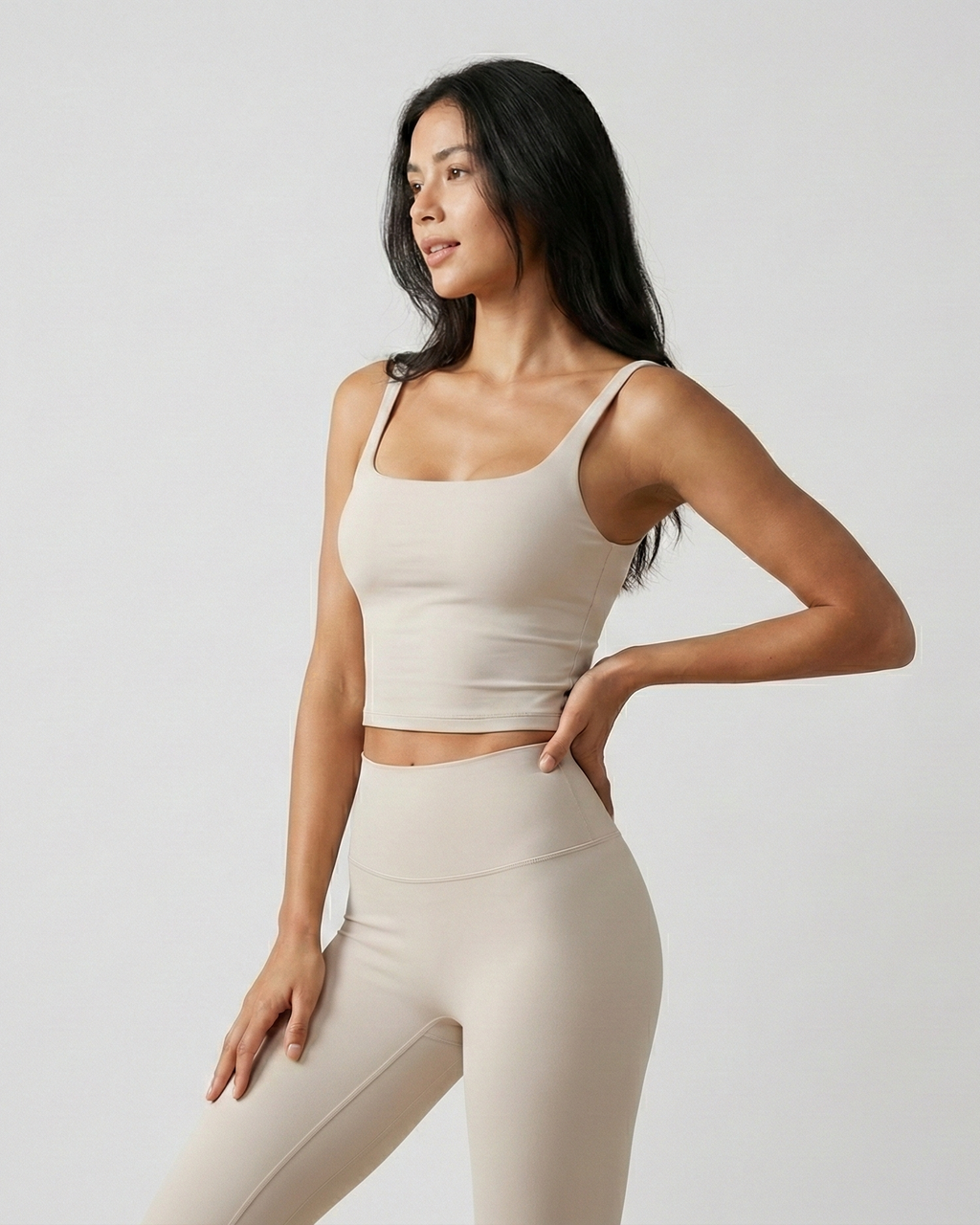 Square neck sports tank in cool stone with sculpting fit and soft stretch fabric by Nuude