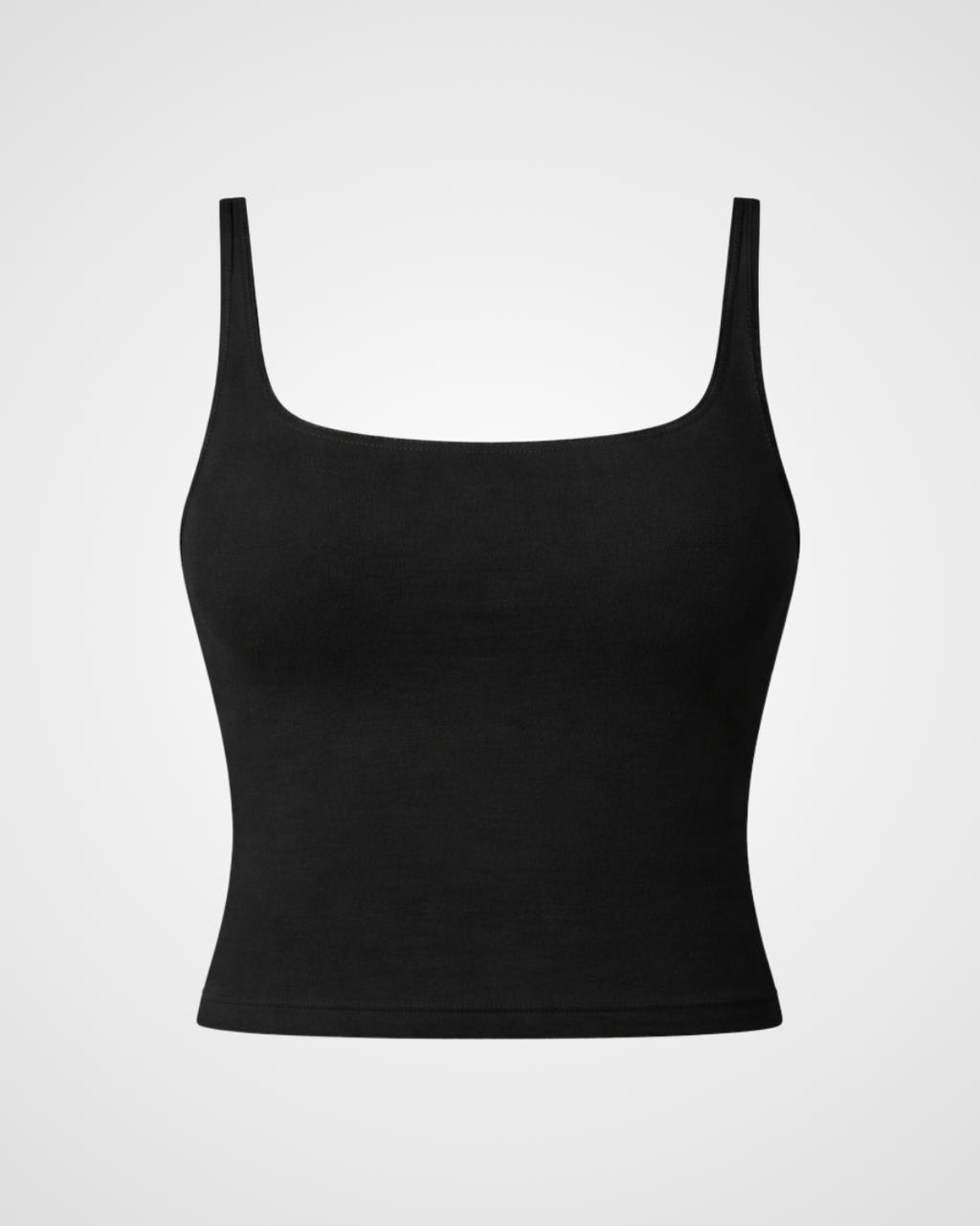 Black square neck activewear tank in Espresso Martini laid flat with minimalist styling by Nuude