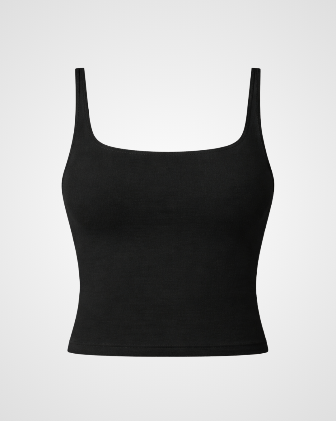 Black square neck activewear tank in Espresso Martini laid flat with minimalist styling by Nuude