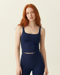 Navy blue activewear tank top with square neckline and built-in bra by Nuude