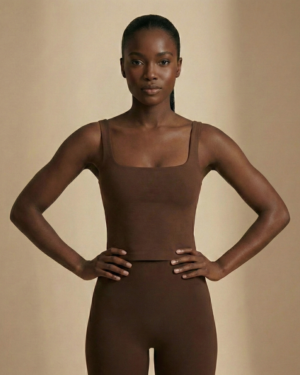 Tasty terra square neck activewear tank with built-in bra and sculpting fit by Nuude