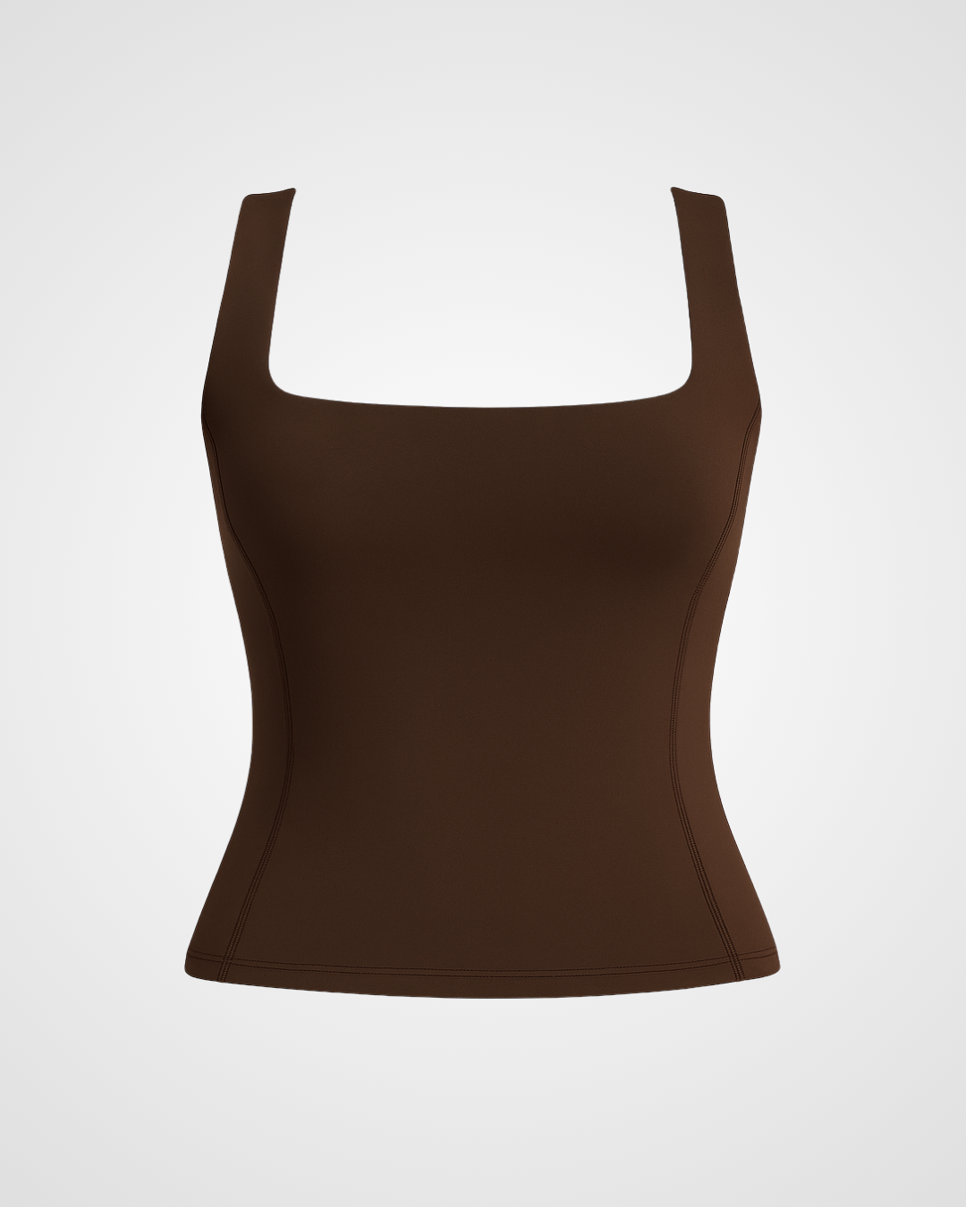 Brown square neck activewear top in Coffee Bean by Nuude laid flat with minimalist styling