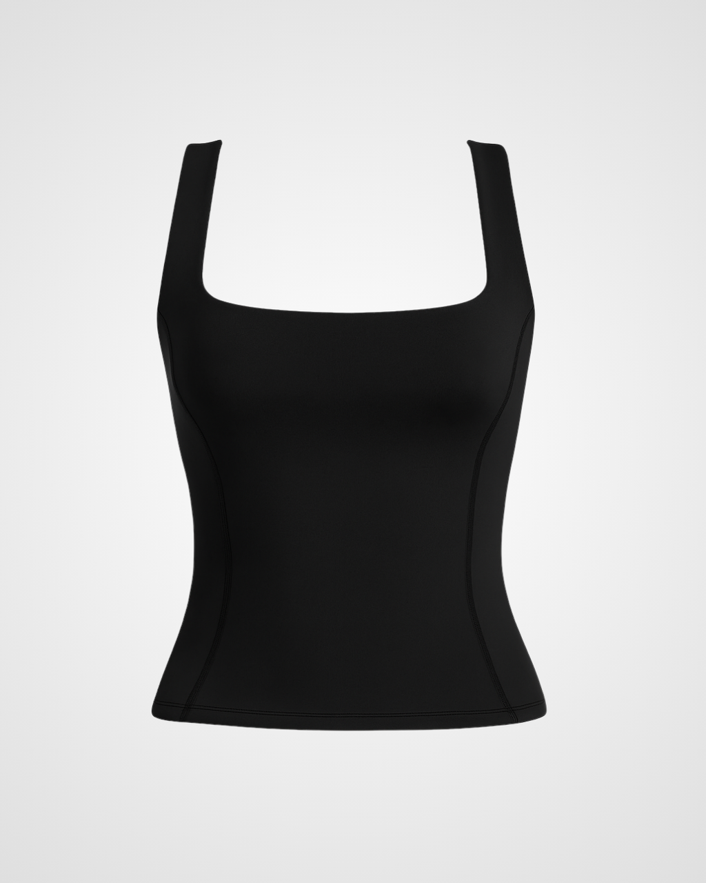 Black square neck activewear top in Espresso Martini by Nuude laid flat with minimalist styling