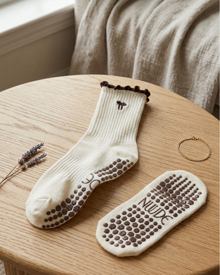 Nuude Pilates grip socks flat lay showing anti-slip sole design in cream and brown