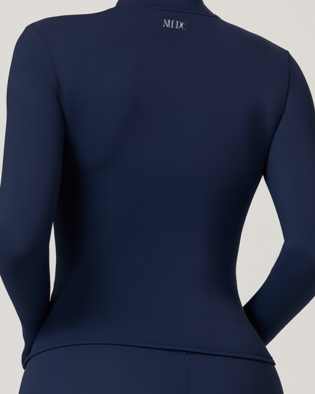 seamless zip up jacket sculpting fit back view navy blue nuude