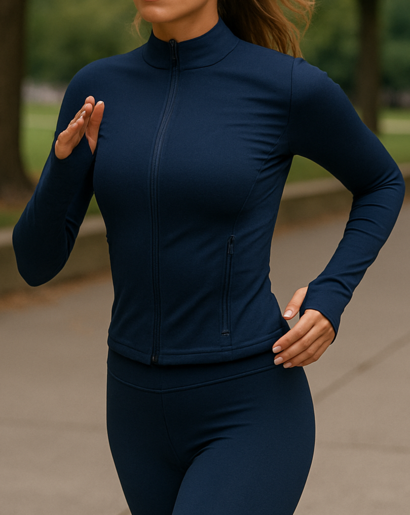 seamless zip up jacket thumbholes long sleeves navy blue nuude